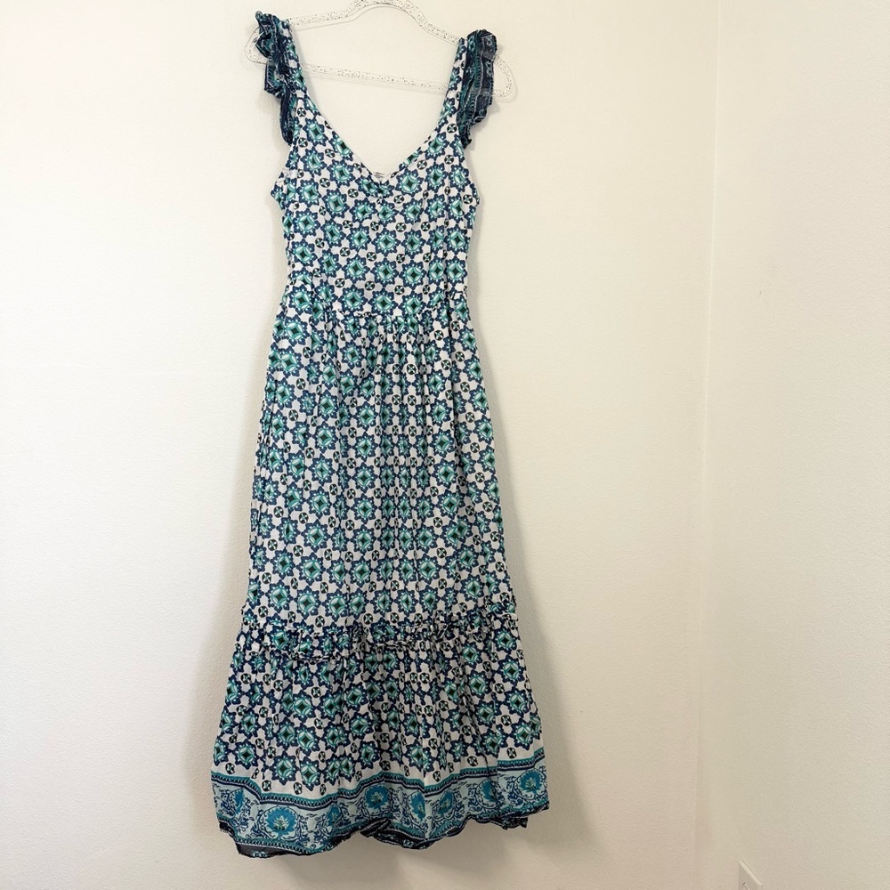 Lucky Brand Blue & White Tiered Cotton Vacation Summer Maxi Dress Size M